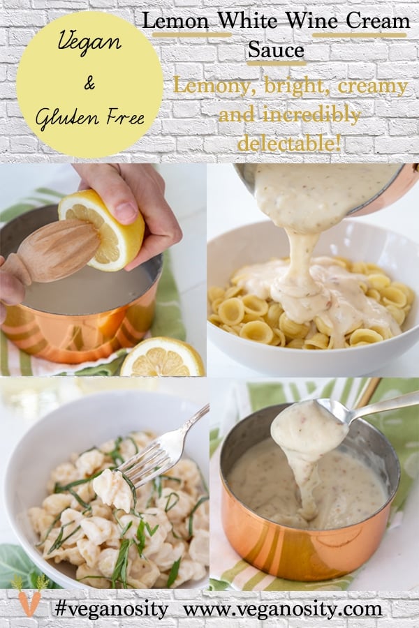 A Pinterest pin for lemon cream sauce with four pictures of the sauce. 