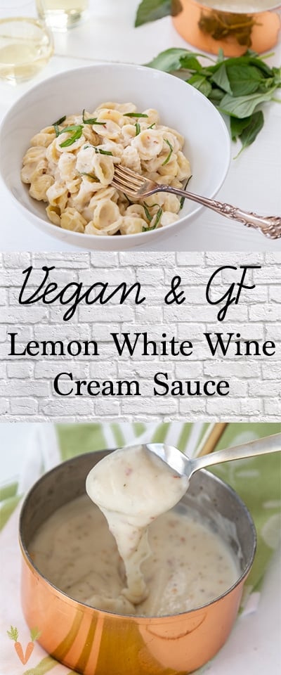 A Pinterest pin for lemon cream sauce with a picture of the sauce in a copper pan and a bowl of pasta with the sauce. 