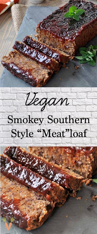 A PInterest pin for vegan meatloaf with a far and close up picture of the loaf. 