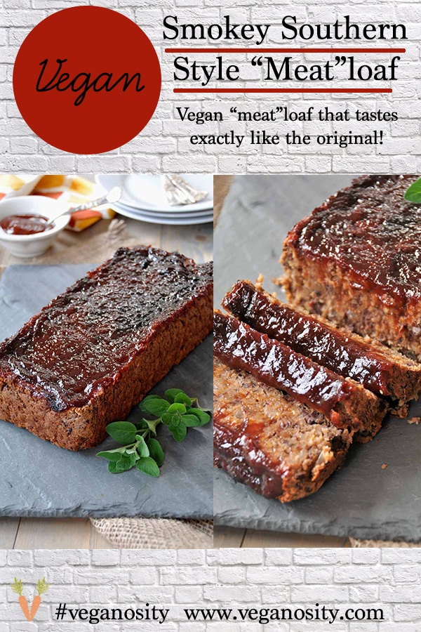 A PInterest pin for vegan meatloaf with a picture of it whole and sliced. 