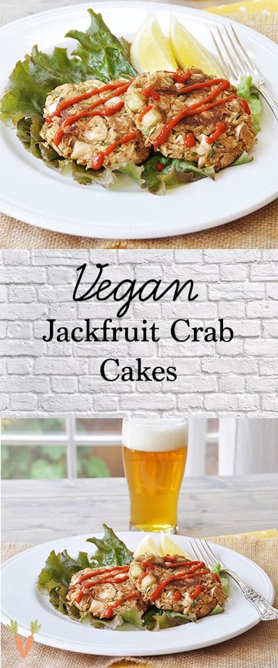 A PInterest pin with two pictures of jackfruit crab cakes on white plates.