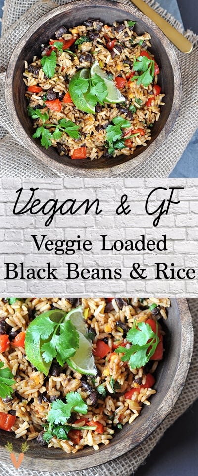 A Pinterest pin with two pictures of veggie loaded beans and rice in a wood bowl. 