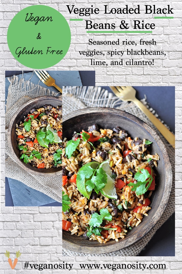 A Pinterest pin with a far and close up picture of veggie rice & beans. 