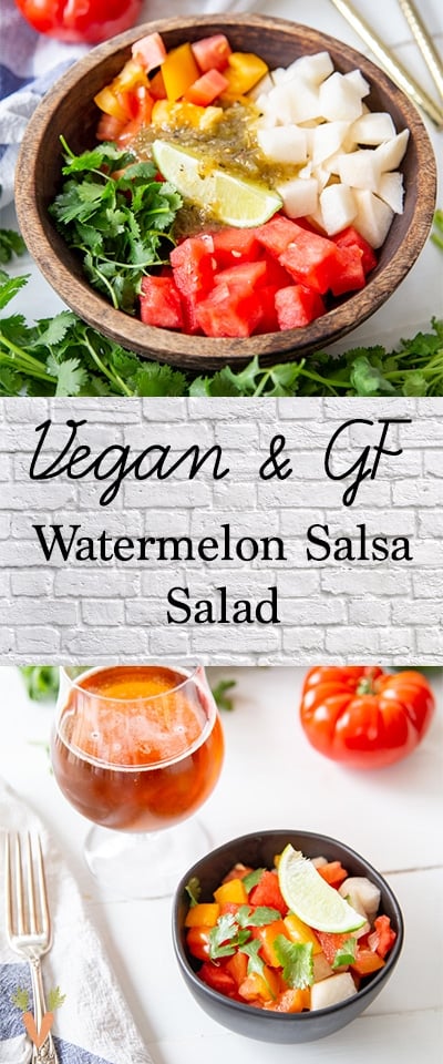 A Pinterest pin with two pictures of watermelon salsa salad. 