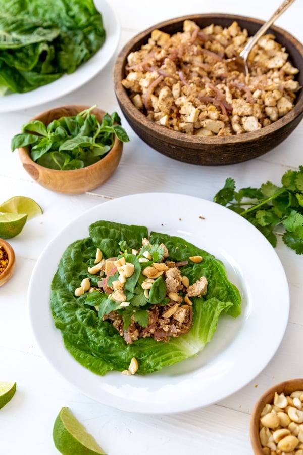 A lettuce wrap on a white plate with a bowl of tofu and other ingredients next to it.