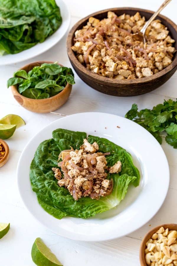 A lettuce leaf on a white plate with a pile of vegetable tofu on top.