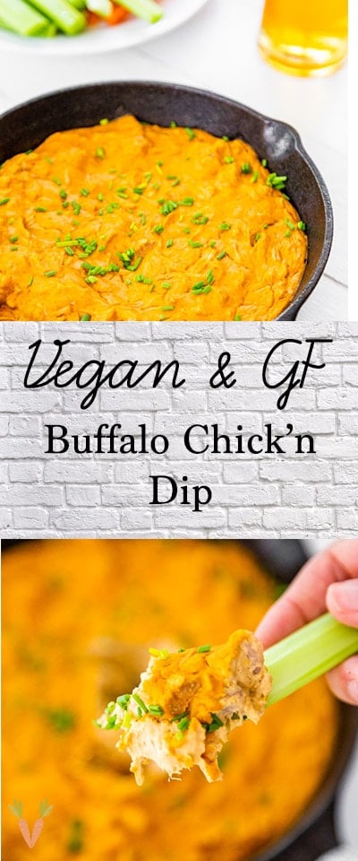 A Pinterest pin for vegan buffalo chicken dip with two pictures of the dip.