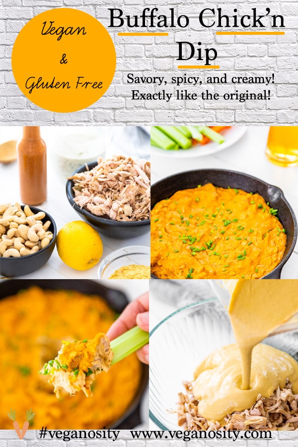 A PInterest pin for vegan buffalo chicken dip with four pictures of the dip.