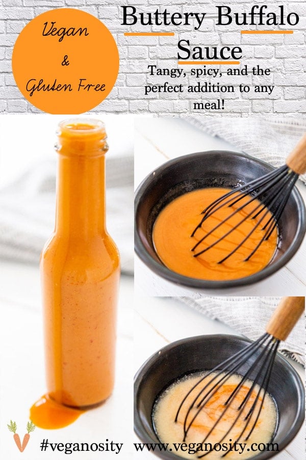 A Pinterest pin for vegan buffalo sauce with three pictures of the sauce. 