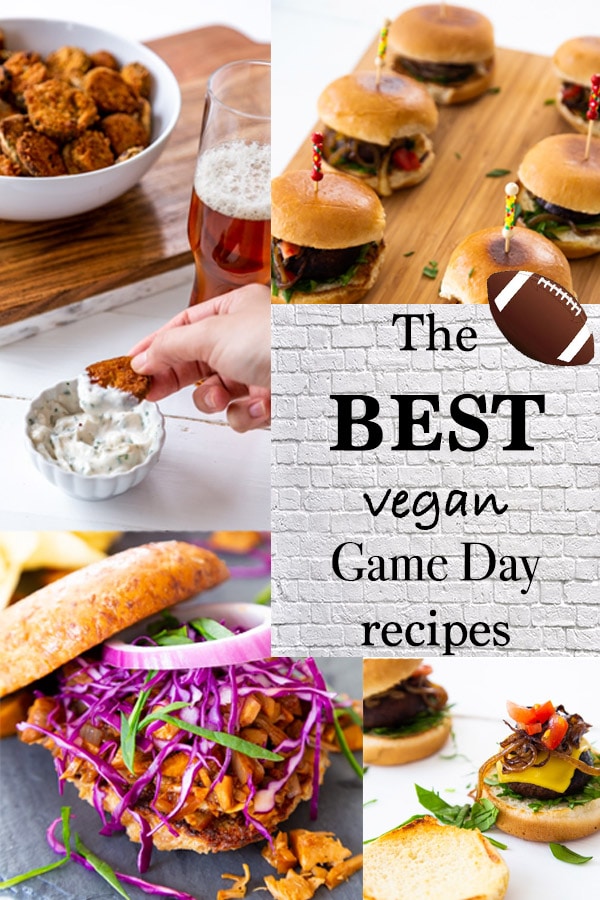 A Pinterest pin for the best vegan tailgate recipes with pictures of BBQ and burgers.
