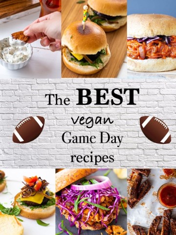 A collage of vegan tailgate recipes with pictures of BBQ and burgers.