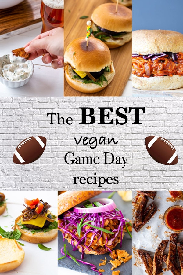 A collage of vegan tailgate recipes with pictures of BBQ and burgers.
