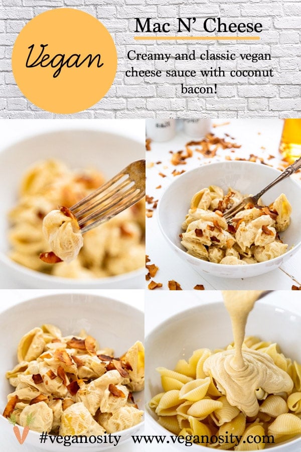 A Pinterest pin for macaroni and cheese with four pictures of the mac and cheese. 