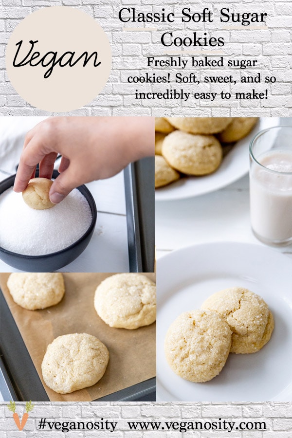 A Pinterest pin for vegan sugar cookies with two pictures of the cookies. 