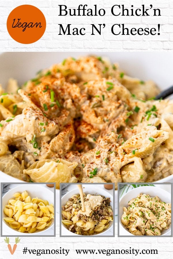 A PInterest pin for vegan buffalo mac and cheese with four pictures of the recipe. 