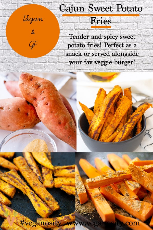 A Pinterest pin for homemade spicy sweet potato fries with four pictures of the fries.