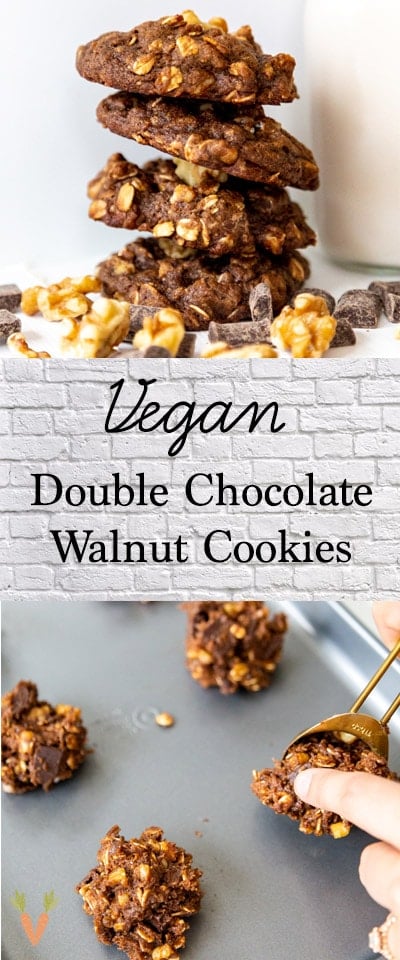 A Pinterest pin for vegan double chocolate cookies with walnuts.