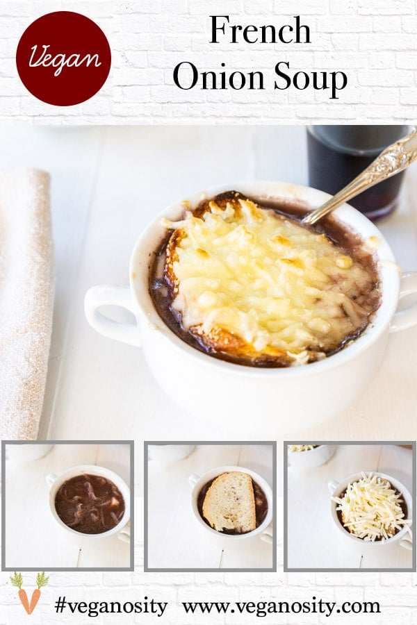 A Pinterest pin for vegan French onion soup with 4 pictures of the soup.