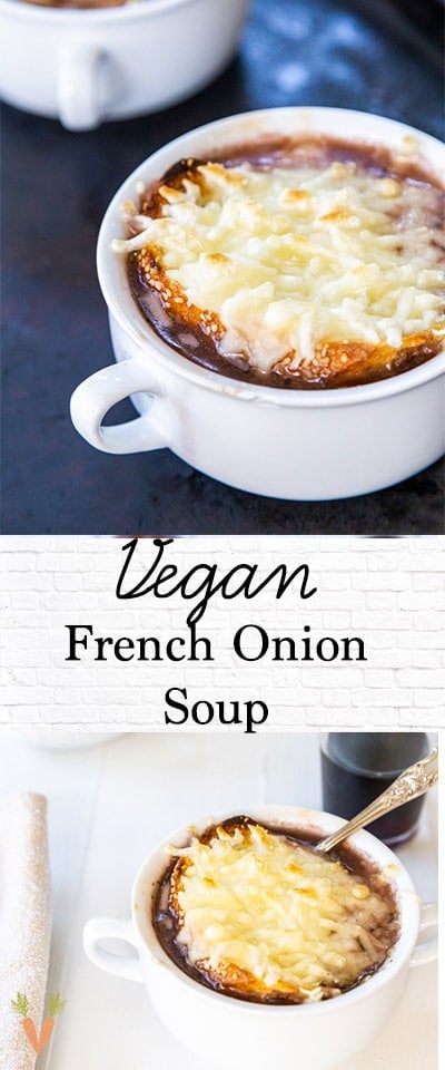 A PInterest pin for vegan French onion soup with 2 pictures of the soup.