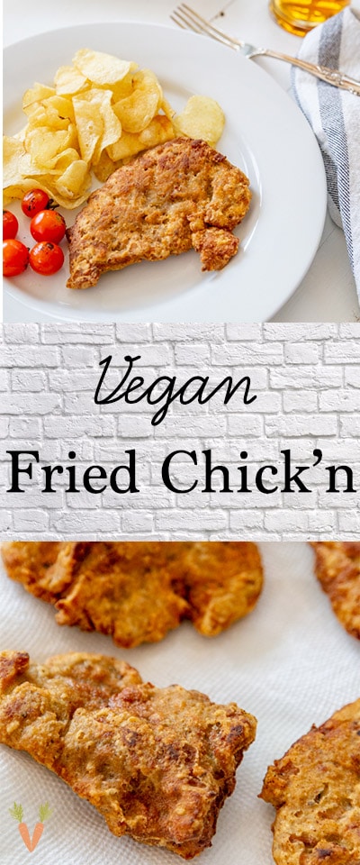 A PInterest pin for vegan fried chicken with two pictures of the chicken. 