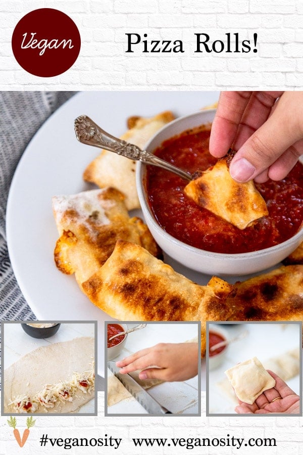 A PInterest pin for vegan pizza rolls with four pictures of the rolls.