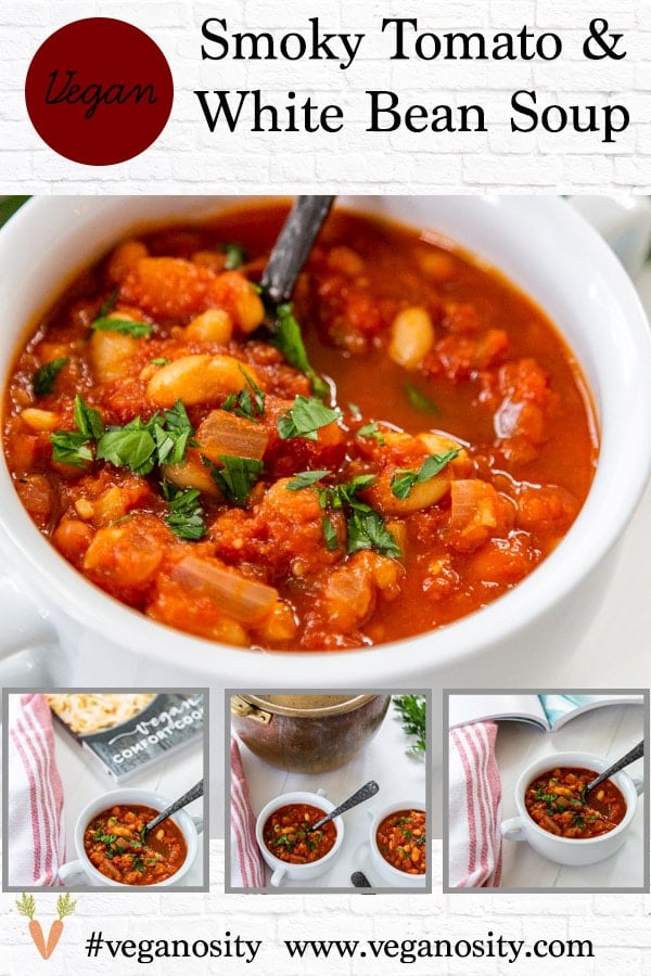 A Pinterest pin for Tomato and White Bean Soup with pictures of the soup.