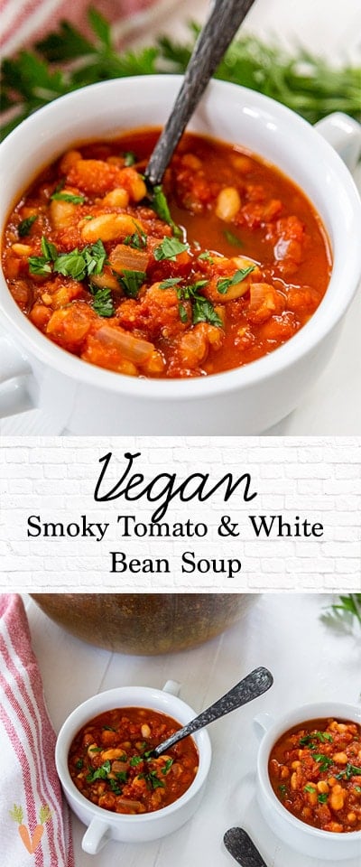 A Pinterest pin for Smoky Tomato and White Bean Soup.