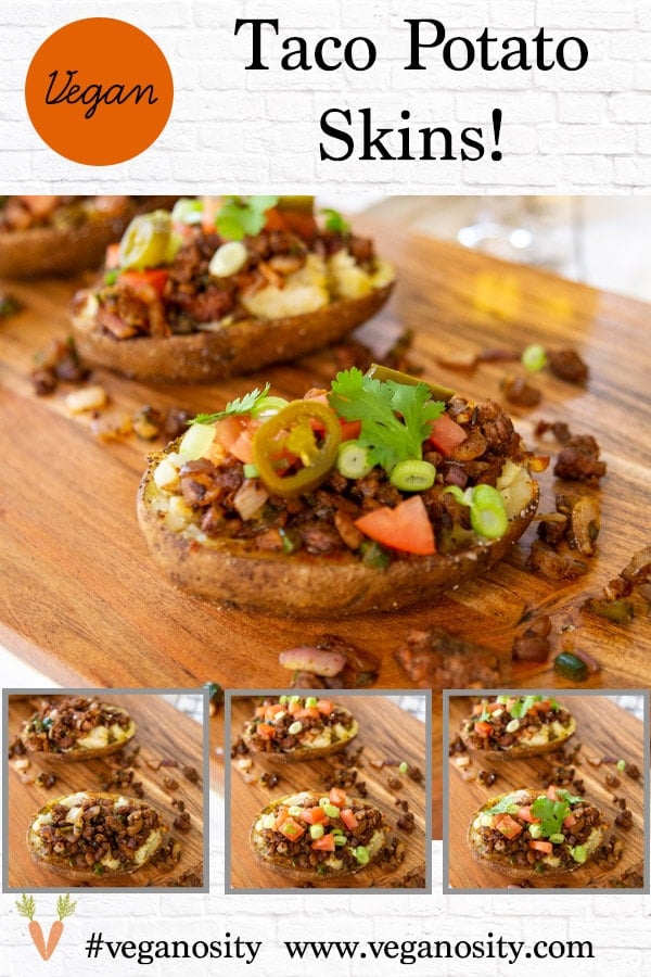 A Pinterest pin for vegan Taco Potato Skins. 