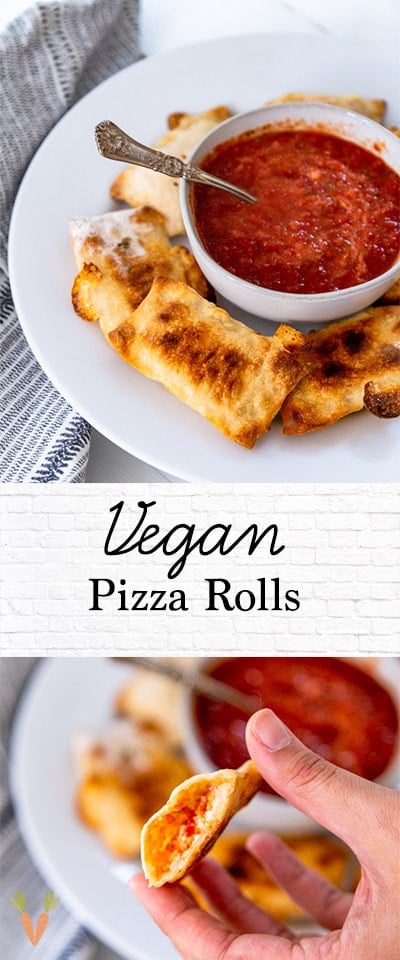 A PInterest pin for vegan pizza rolls with two pictures of the rolls.