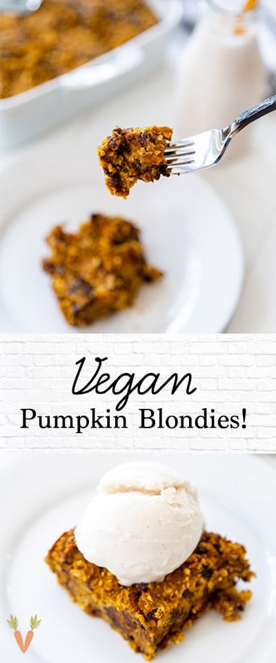 A PInterest pin for vegan pumpkin chocolate chip blondies with 2 pictures of the blondies. 