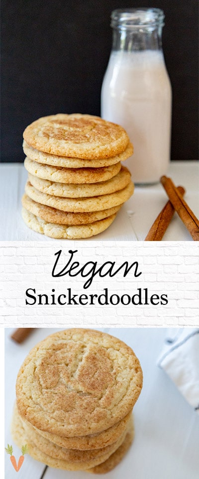 A Pinterest pin for vegan snickerdoodle cookies with two pictures of the cookies.