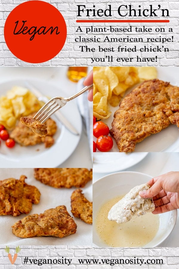 A PInterest pin for vegan fried chicken with four pictures of the chicken.