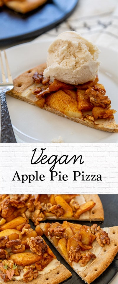 A Pinterest pin for vegan apple pie pizza with 2 pictures of the pizza