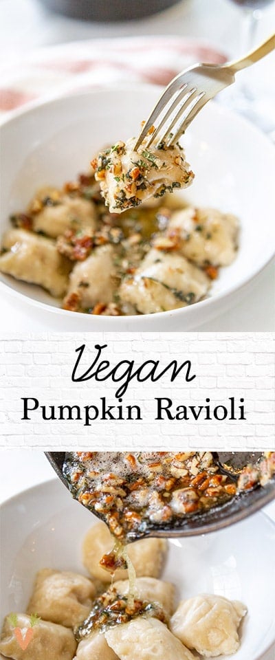 A PInterest pin for vegan pumpkin ravioli with 2 pictures of the recipe.