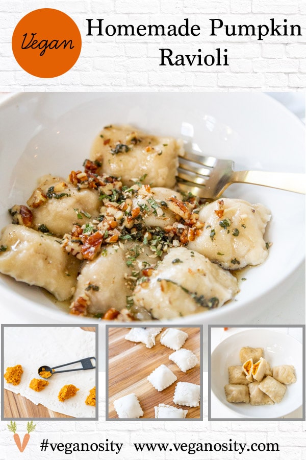 A PInterest pin for vegan pumpkin ravioli with 4 pictures of the recipe.