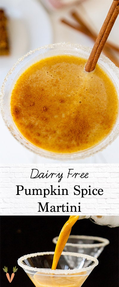 A PInterest pin for a vegan pumpkin spice martini with two pictures of the martini. 