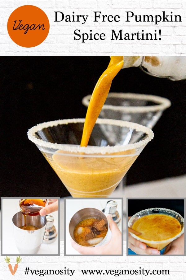 A PInterest pin for a pumpkin spice martini with four pictures of the martini. 