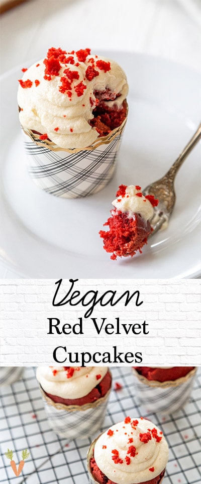 A Pinterest pin for vegan red velvet cupcakes with 2 pictures of the cupcakes.