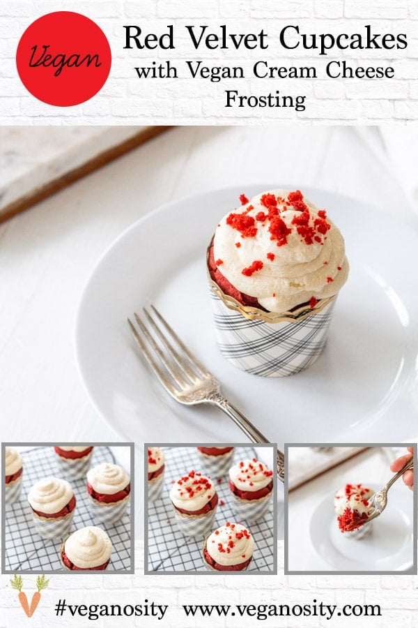 A PInterest pin for vegan red velvet cake with 4 pictures of the cupcakes.