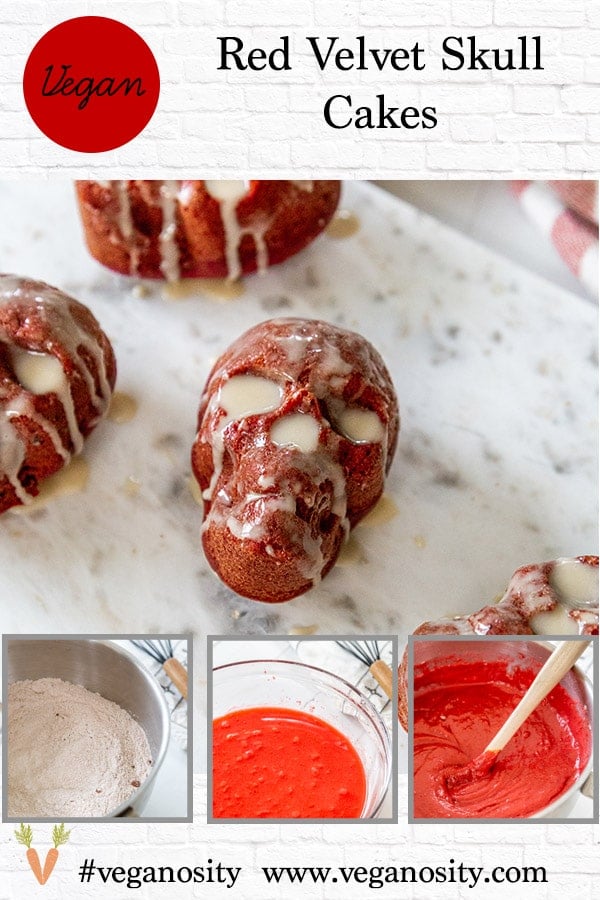 A Pinterest pin for vegan red velvet skull cakes with 4 pictures of the cake.
