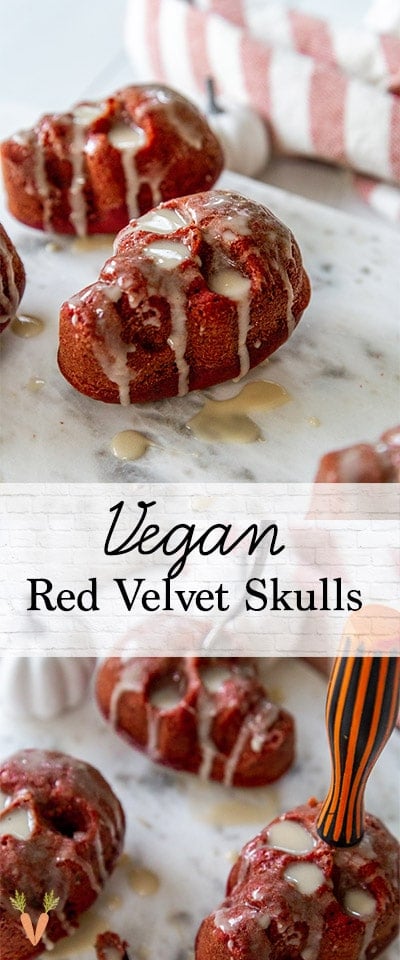 A Pinterest pin for vegan red velvet skull cakes with 2 pictures of the cakes.
