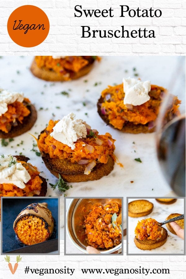A Pinterest pin for vegan sweet potato bruschetta with four pictures of the appetizer. 