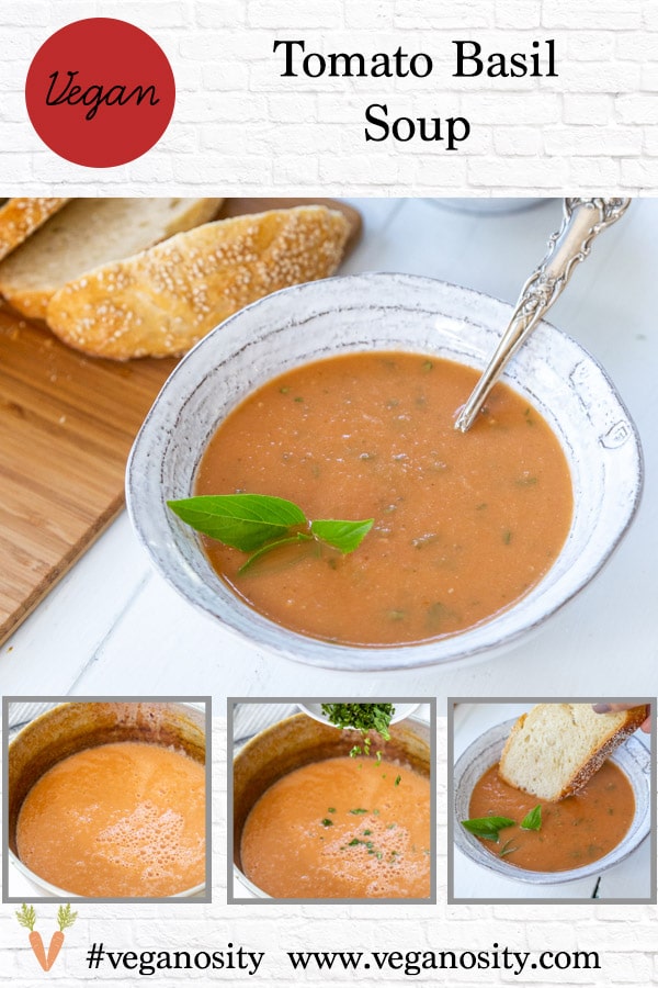 A Pinterest pin for roasted tomato soup with 4 pictures of the soup. 