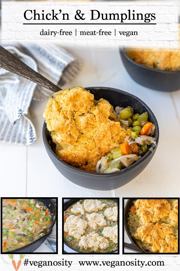 A Pinterest pin for vegan chickens and dumplings with four pictures of the recipe. 