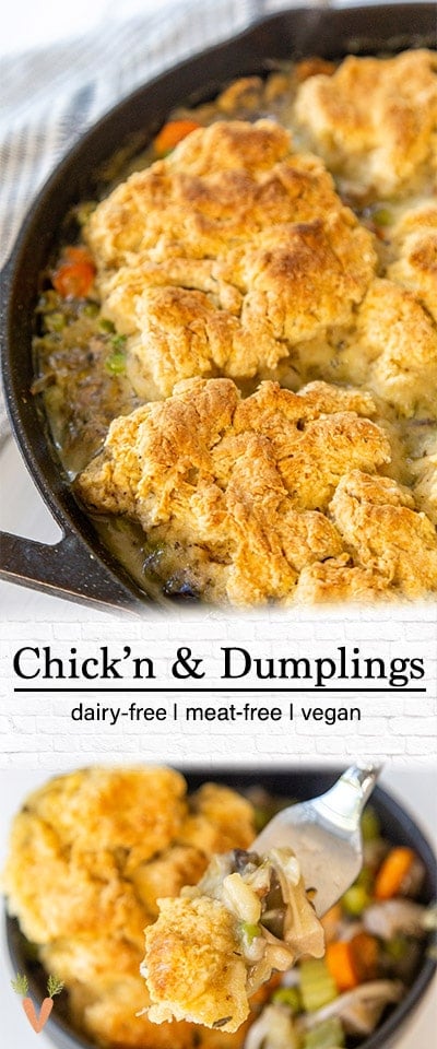 A Pinterest pin for vegan chicken and biscuits with 2 pictures of the recipe. 