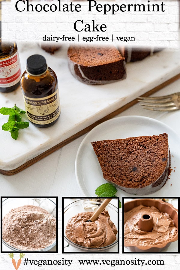 A Pinterest pin for chocolate peppermint pound cake with 4 pictures of the cake.