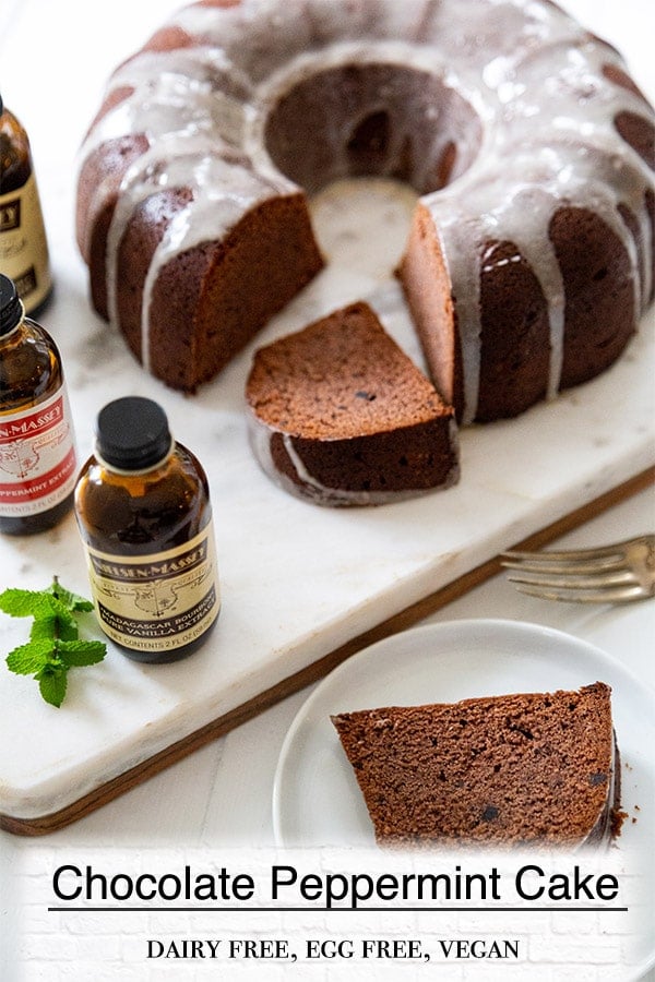A Pinterest pin for chocolate peppermint pound cake with a picture of a bundt cake.