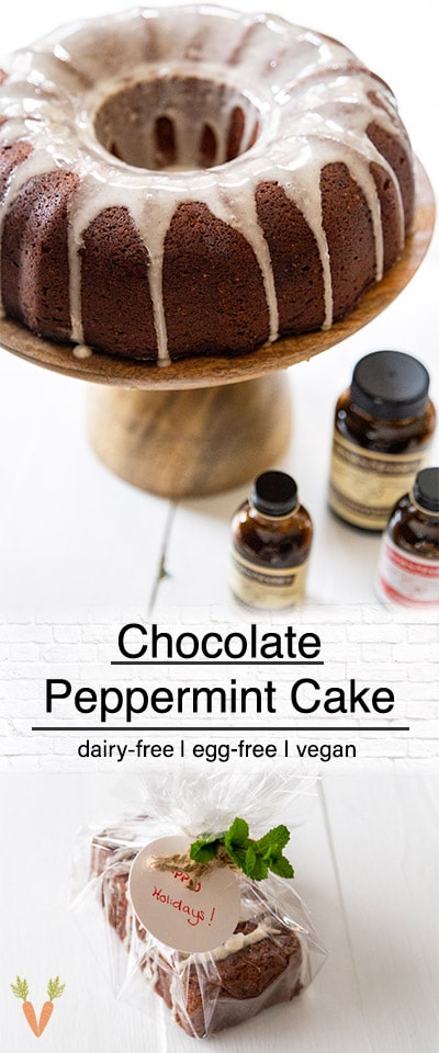 A Pinterest pin for vegan chocolate peppermint pound cake with 2 pictures of the cake.