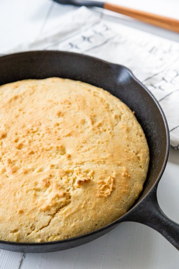 Cornbread in an iron skillet. 