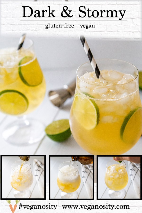 A PInterest pin for a dark and stormy cocktail with 4 pictures of the drink. 